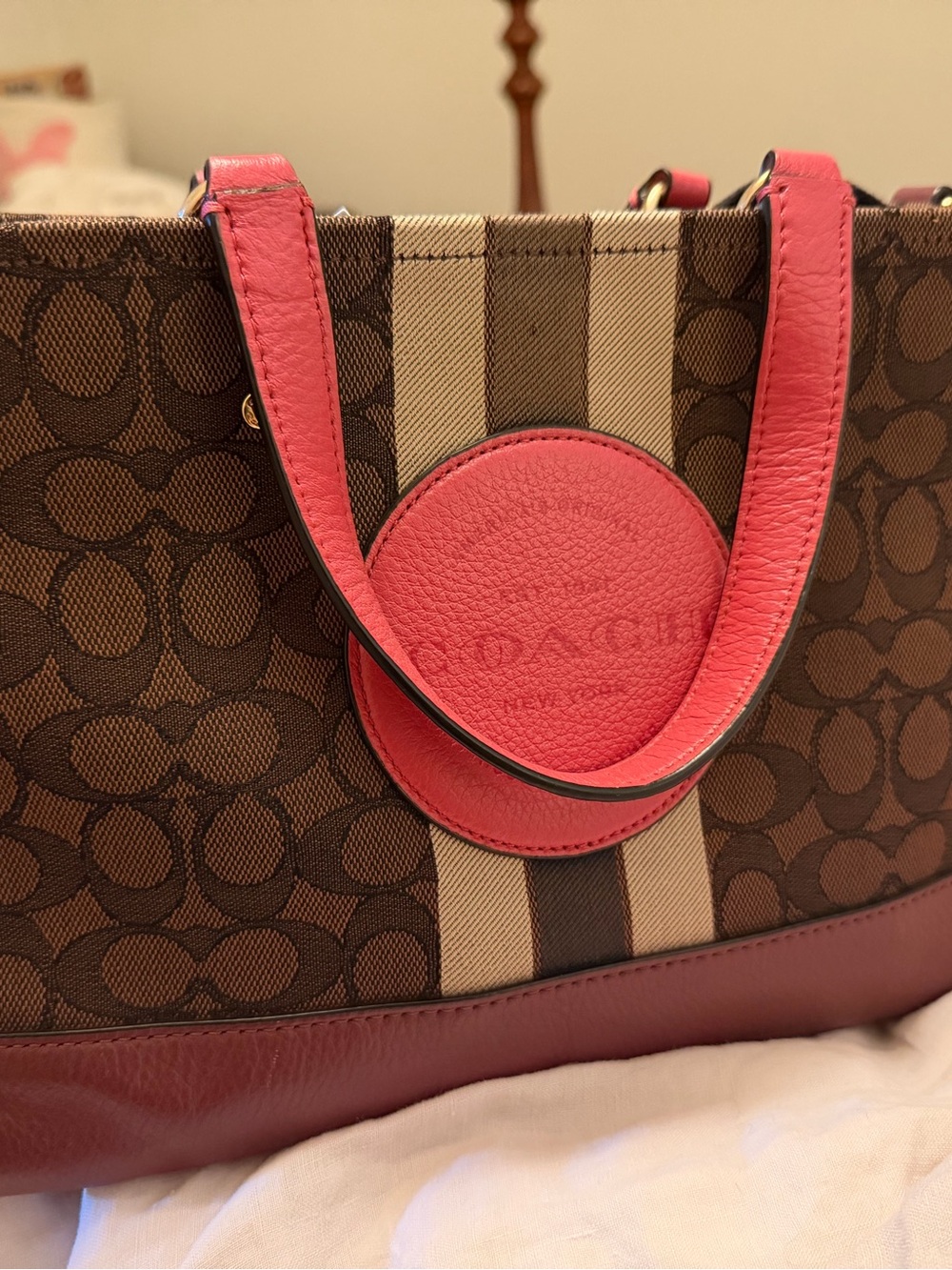 Coach Dempsey Tote 40 Signature Jacquard Pink Leather Stripe Large Tote